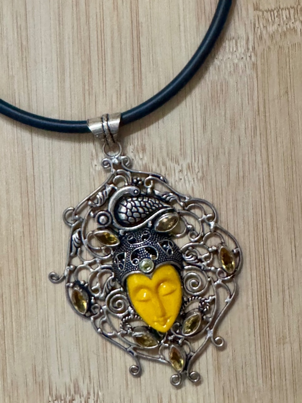 Silver Buddha Face Pendant with Rubber Cord